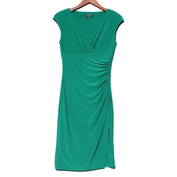 NWOT LAUREN Ralph Lauren Woman's Green Ruffle Dress Sleeveless Sheath Midi  Sz 6